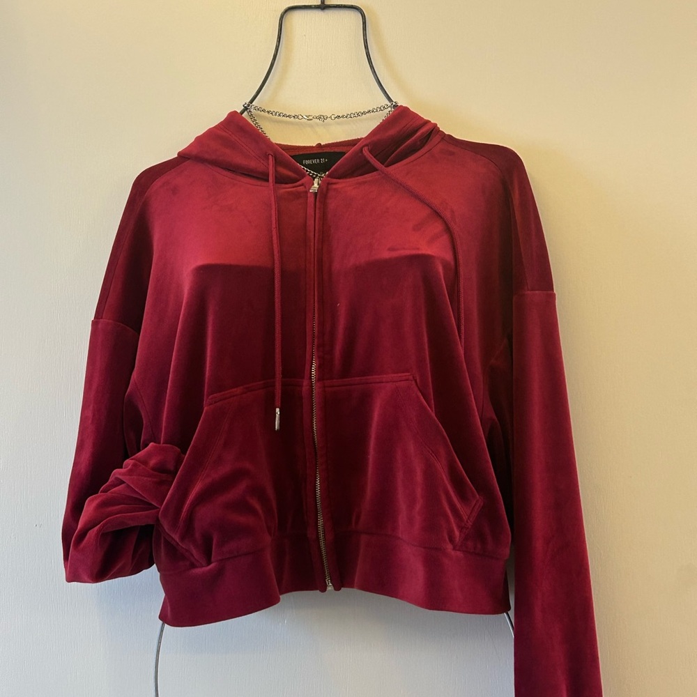 Forever 21 Velvet Hoodie in Deep Red